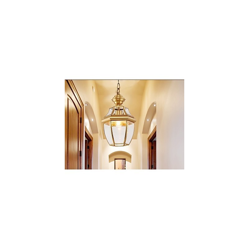 Kleine Pendelleuchte im amerikanischen Landhausstil, komplett aus Kupfer, Einzelglas C