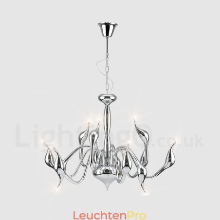 12-flammige moderne Pendelleuchte aus verchromtem Metall im Schwanenstil 12-flammige moderne Pendelleuchte aus verchromtem Metall im Schwanenstil