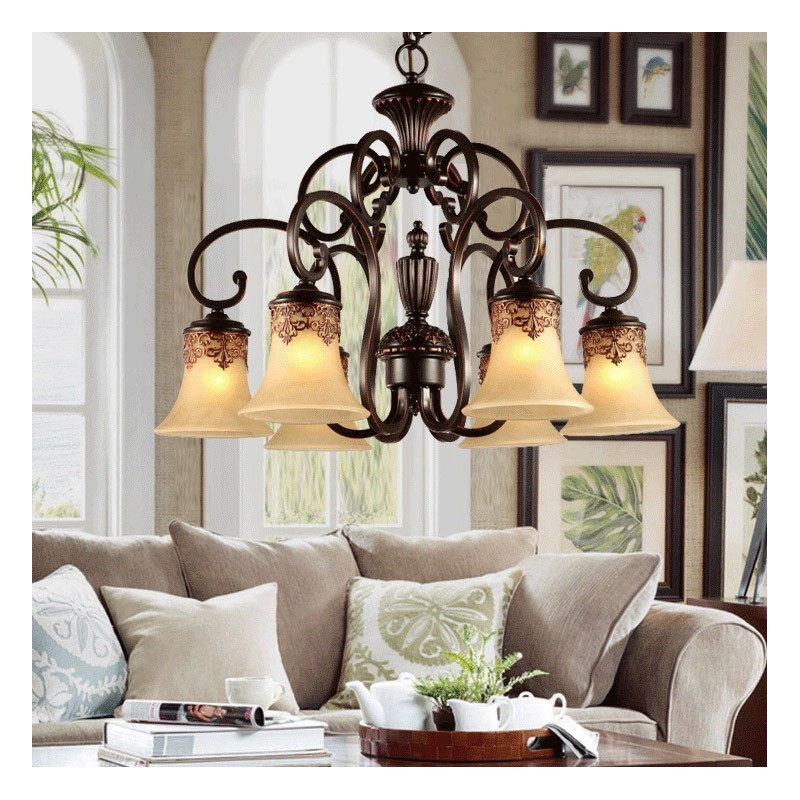 Kronleuchter Pendelleuchte 6 Lichter Vintage Country Island Metall + Glas
