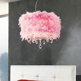 Kristall-Pendelleuchte mit 5 Lichtern in rosa Federschirm