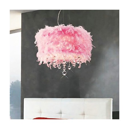 Kristall-Pendelleuchte mit 5 Lichtern in rosa Federschirm Kristall-Pendelleuchte mit 5 Lichtern in rosa Federschirm