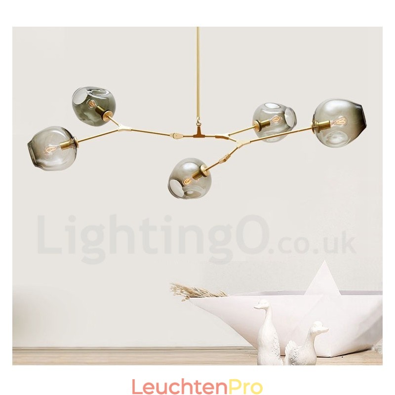 Moderner zeitgenössischer Kronleuchter mit 5 Lichtern und Glasschirmlampe