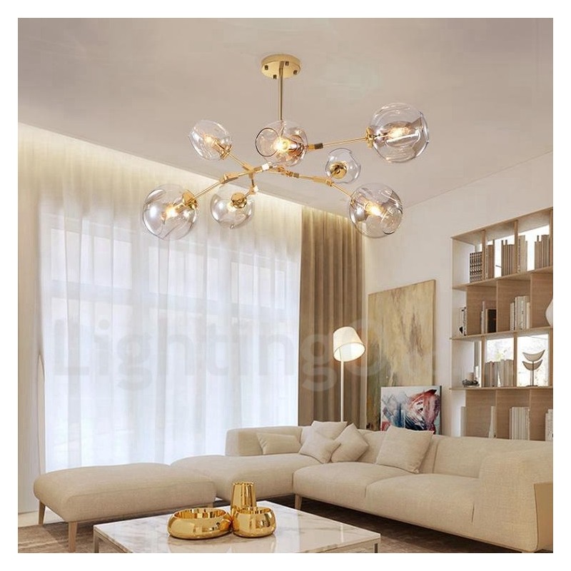 Moderner zeitgenössischer Kronleuchter mit 7 Lichtern, klarem Glasschirm und Lampe
