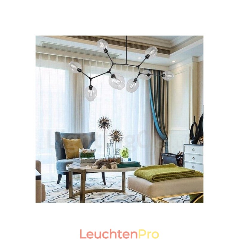 Moderner Kronleuchter mit 8 Lichtern, klarem Glasschirm und Lampe (Schwarz-Gold)