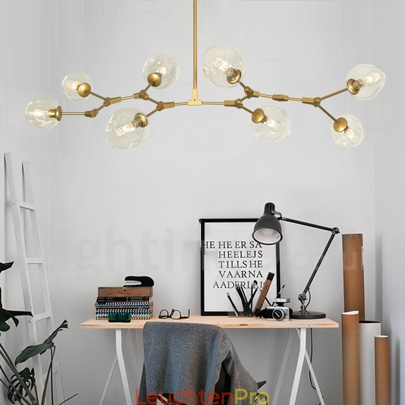 Moderner Kronleuchter mit 8 Lichtern, klarem Glasschirm und Lampe (Schwarz-Gold)