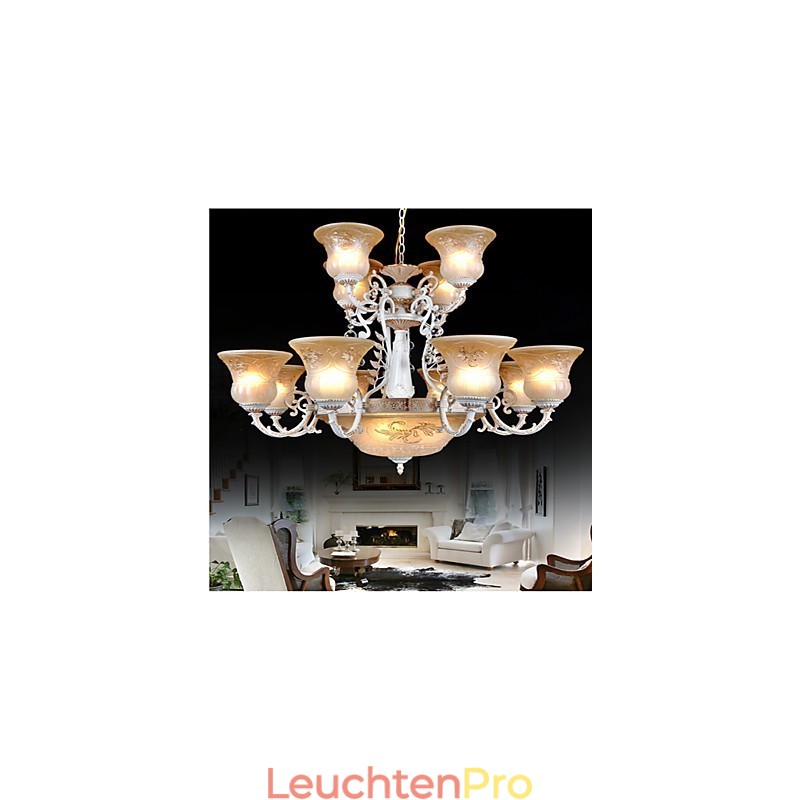 Weiß Kronleuchter Fünfzehn Lichter Muster Glas Schatten Hand Vergoldet Europäischen Retro