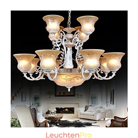 Weiß Kronleuchter Fünfzehn Lichter Muster Glas Schatten Hand Vergoldet Europäischen Retro Weiß Kronleuchter Fünfzehn Lichter Muster Glas Schatten Hand Vergoldet Europäischen Retro