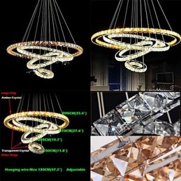 Moderne Kristall-Pendelleuchte, Deckenleuchter, Lampe mit 4 Ringen, großer Ring, Bernsteinkristall und andere klare Kristalle