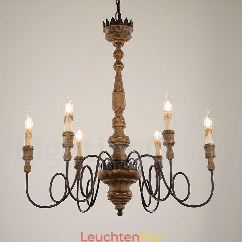 Landhaus Vintage Holz 6 Licht Kronleuchter Licht