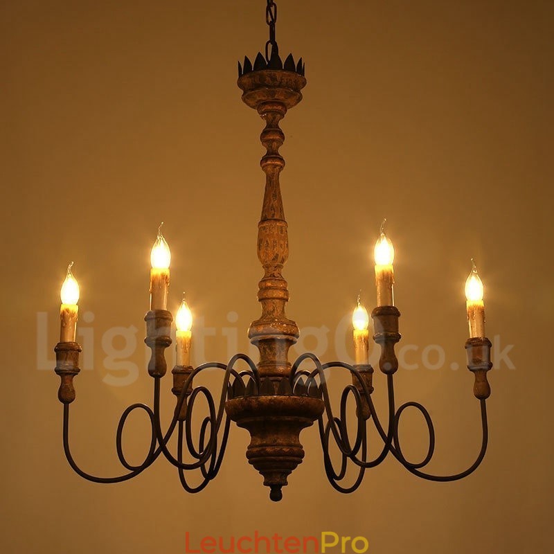 Landhaus Vintage Holz 6 Licht Kronleuchter Licht