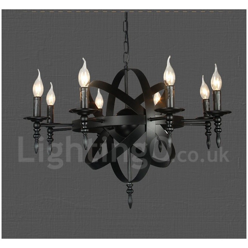 Schwarzes Retro Vintage Metall 8 Licht Single Tier Kronleuchter Licht