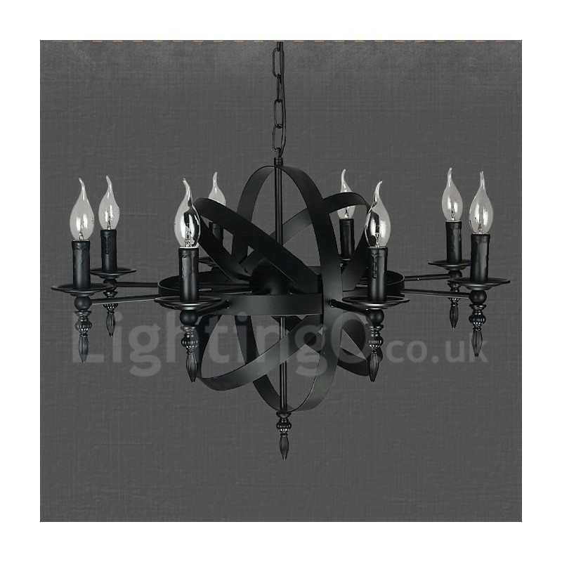 Schwarzes Retro Vintage Metall 8 Licht Single Tier Kronleuchter Licht