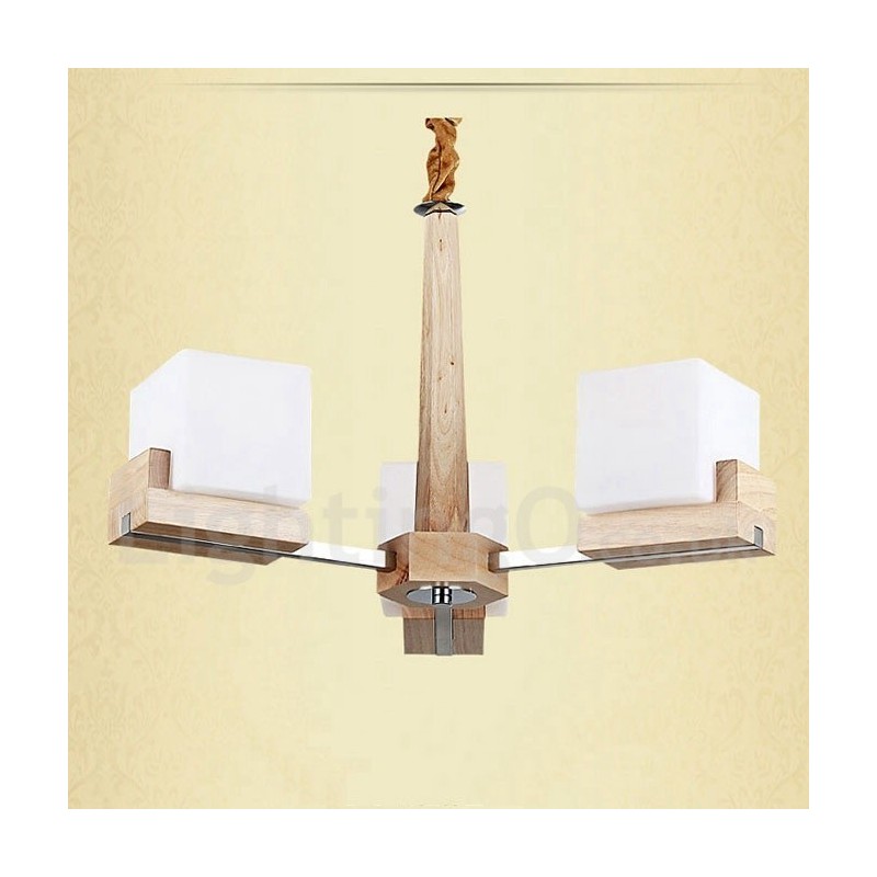 Moderne zeitgenössische 3-flammige einstöckige Kronleuchterlampe aus Holz