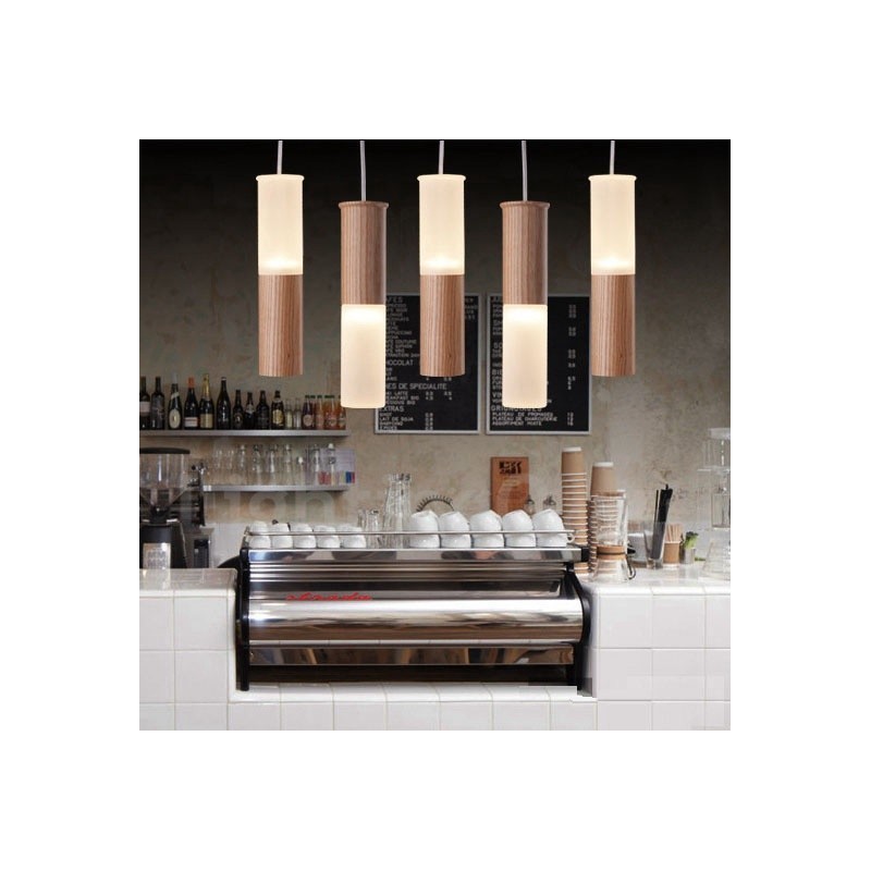 Moderne zeitgenössische 5-flammige Pendelleuchte aus Holz