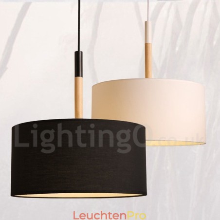 Moderne zeitgenössische Pendelleuchte aus Holz in Trommelform mit Stoffschirm Moderne zeitgenössische Pendelleuchte aus Holz in Trommelform mit Stoffschirm