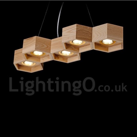 5-flammige Pendelleuchte aus Holz, modern und zeitgenössisch 5-flammige Pendelleuchte aus Holz, modern und zeitgenössisch