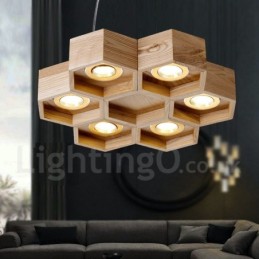 Moderne Pendelleuchte aus Holz mit 6 Lichtern