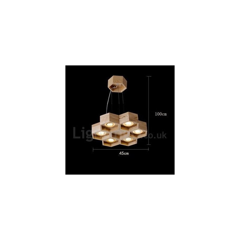 Moderne Pendelleuchte aus Holz mit 6 Lichtern