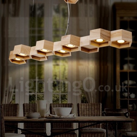 7-flammige Pendelleuchte aus Holz, modern und zeitgenössisch 7-flammige Pendelleuchte aus Holz, modern und zeitgenössisch