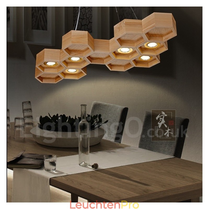 Moderne Pendelleuchte aus Holz mit 6 Lichtern