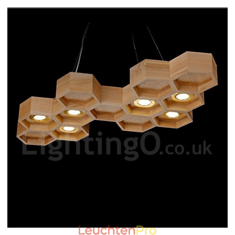Moderne Pendelleuchte aus Holz mit 6 Lichtern