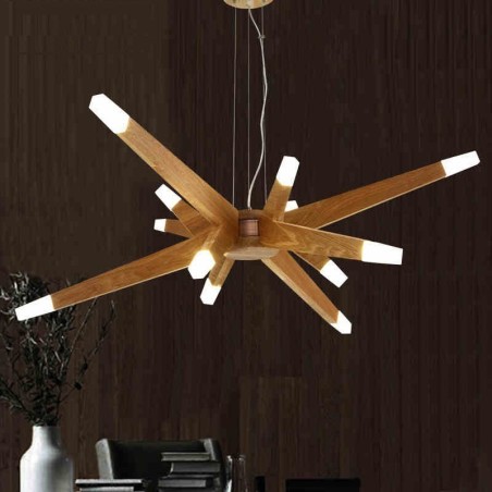 Moderne zeitgenössische Pendelleuchte aus Holz mit 12 Lichtern Moderne zeitgenössische Pendelleuchte aus Holz mit 12 Lichtern