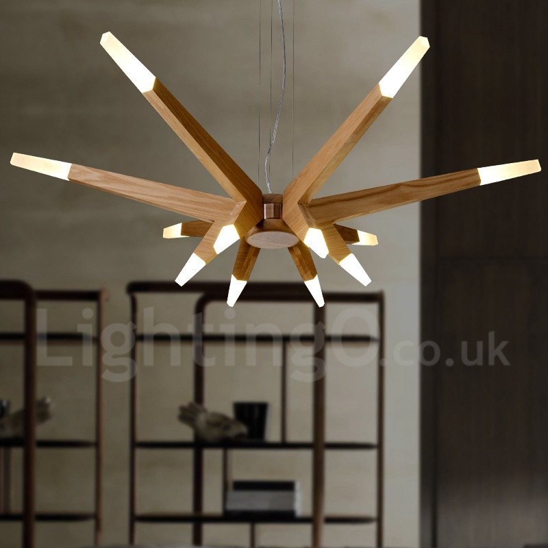 Moderne zeitgenössische Pendelleuchte aus Holz mit 12 Lichtern