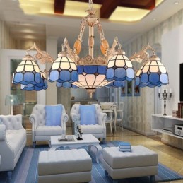 Integrierter Kronleuchter aus Metall im mediterranen Stil mit 11 Lichtern und Glasschirm