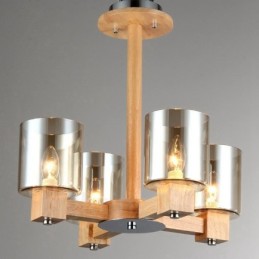 4-flammiger moderner Kronleuchter im nordischen Stil aus Holz mit Glasschirm