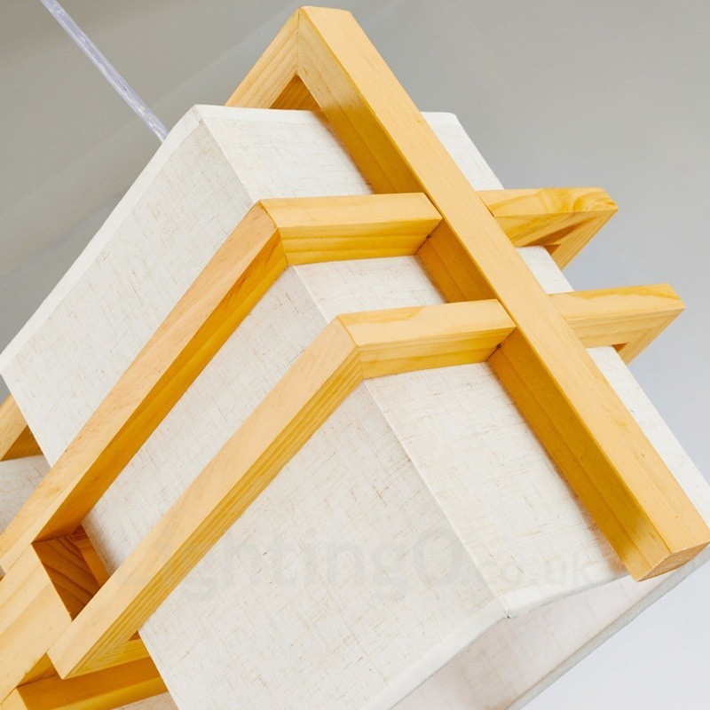 2-flammige Hängeleuchte aus Holz im Retro-Vintage-Stil mit Stoffschirm