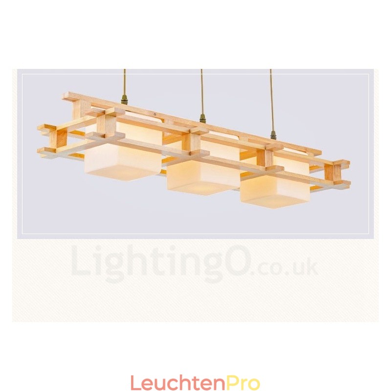 3-flammige Pendelleuchte aus Holz im modernen, zeitgenössischen nordischen Stil mit Glasschirm