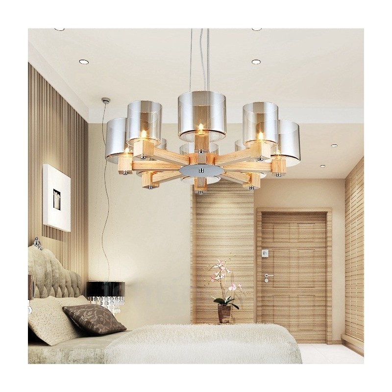 8-flammige Pendelleuchte aus Holz, modern und im nordischen Stil, mit Glasschirm