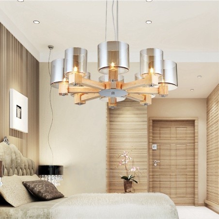 8-flammige Pendelleuchte aus Holz, modern und im nordischen Stil, mit Glasschirm 8-flammige Pendelleuchte aus Holz, modern und im nordischen Stil, mit Glasschirm