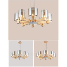 8-flammige Pendelleuchte aus Holz, modern und im nordischen Stil, mit Glasschirm
