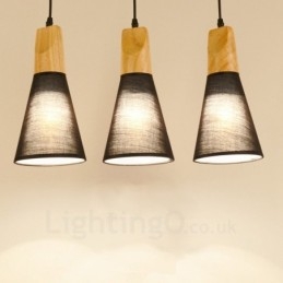 Moderne Pendelleuchte mit 3 Lichtern aus Holz und Stoffschirm