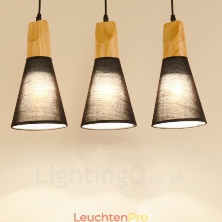 Moderne Pendelleuchte mit 3 Lichtern aus Holz und Stoffschirm Moderne Pendelleuchte mit 3 Lichtern aus Holz und Stoffschirm