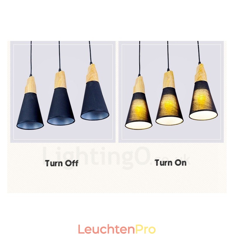 Moderne Pendelleuchte mit 3 Lichtern aus Holz und Stoffschirm