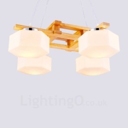 4-flammige Pendelleuchte aus Holz, modern und im nordischen Stil, mit Glasschirm