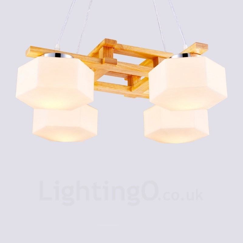 4-flammige Pendelleuchte aus Holz, modern und im nordischen Stil, mit Glasschirm