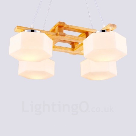 4-flammige Pendelleuchte aus Holz, modern und im nordischen Stil, mit Glasschirm 4-flammige Pendelleuchte aus Holz, modern und im nordischen Stil, mit Glasschirm