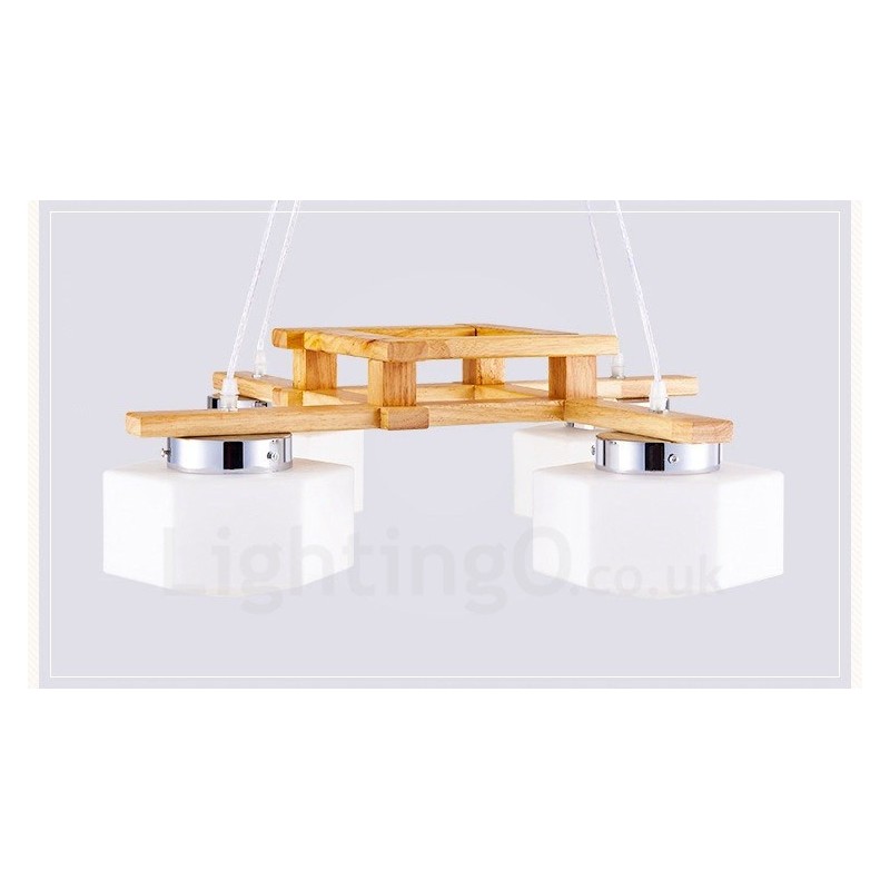 4-flammige Pendelleuchte aus Holz, modern und im nordischen Stil, mit Glasschirm