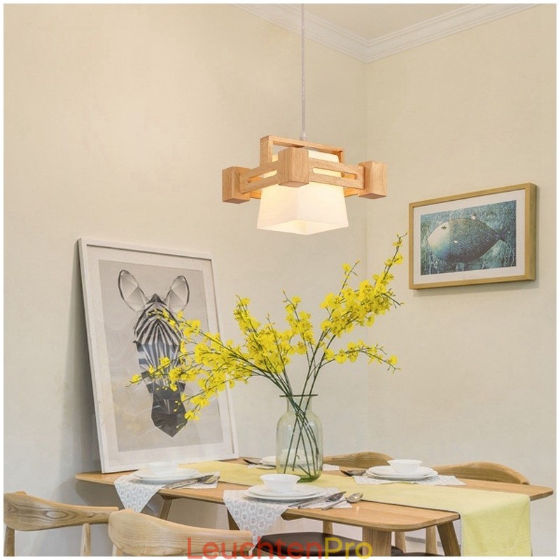 1 Licht Holz Moderne zeitgenössische Pendelleuchte im nordischen Stil mit Stoffschirm