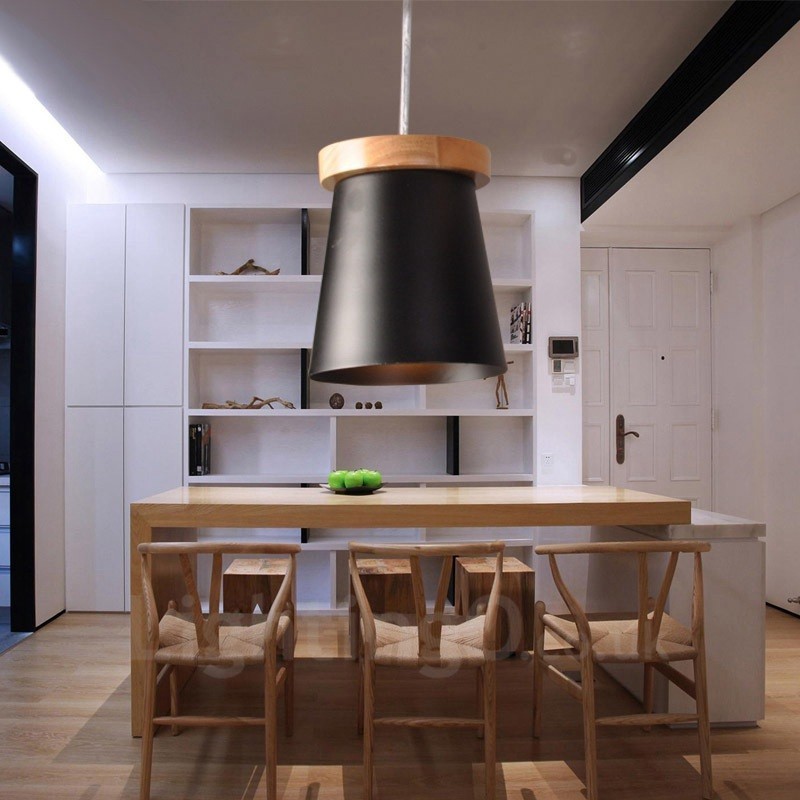 1 Licht Holz Moderne zeitgenössische Pendelleuchte im nordischen Stil mit Eisenschirm