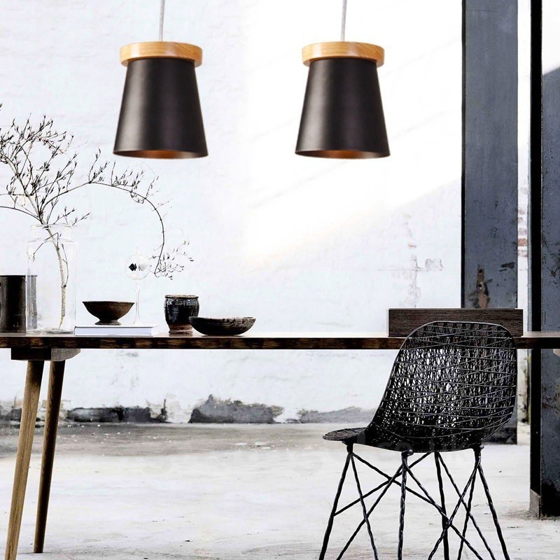 1 Licht Holz Moderne zeitgenössische Pendelleuchte im nordischen Stil mit Eisenschirm
