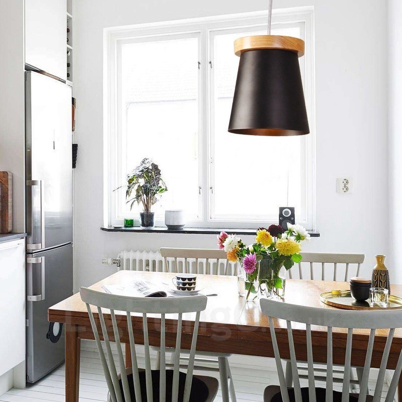 1 Licht Holz Moderne zeitgenössische Pendelleuchte im nordischen Stil mit Eisenschirm