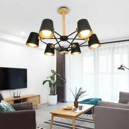 6-flammige Pendelleuchte aus Holz im modernen, zeitgenössischen nordischen Stil mit Eisenschirm
