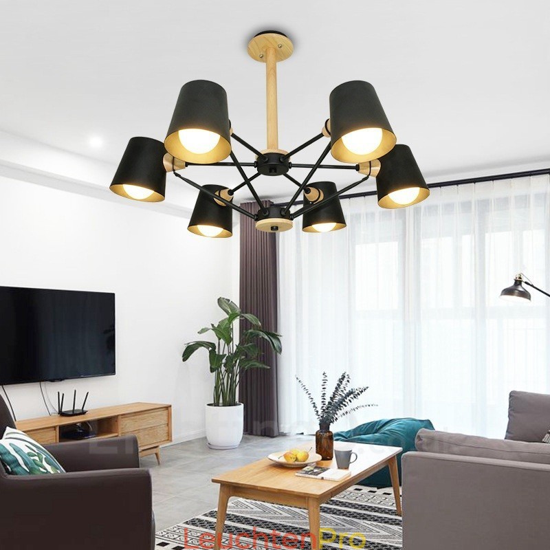 6-flammige Pendelleuchte aus Holz im modernen, zeitgenössischen nordischen Stil mit Eisenschirm
