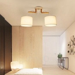 Moderne Pendelleuchte mit 2 Lichtern aus Holz und Stoffschirm