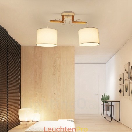 Moderne Pendelleuchte mit 2 Lichtern aus Holz und Stoffschirm Moderne Pendelleuchte mit 2 Lichtern aus Holz und Stoffschirm