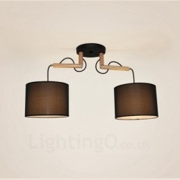 Moderne Pendelleuchte mit 2 Lichtern aus Holz und Stoffschirm